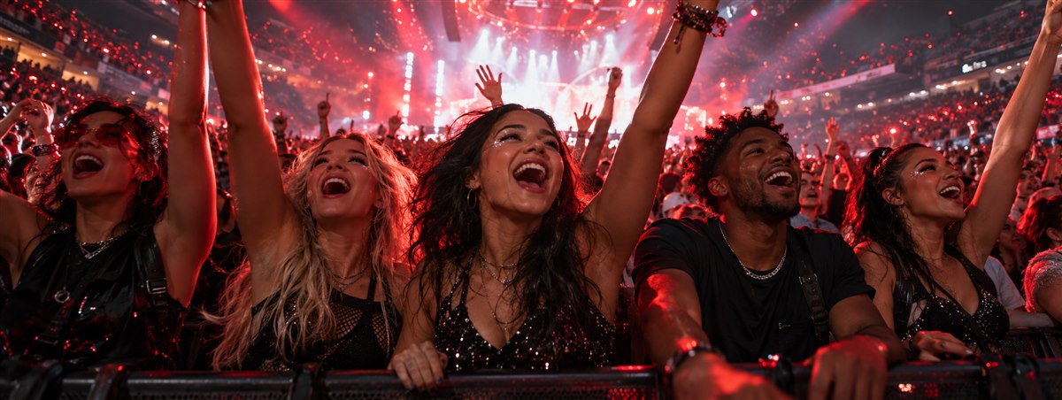 Enthusiastic super fans at the front of a live concert